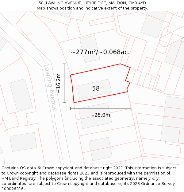 58, LAWLING AVENUE, HEYBRIDGE, MALDON, CM9 4YD: Plot and title map