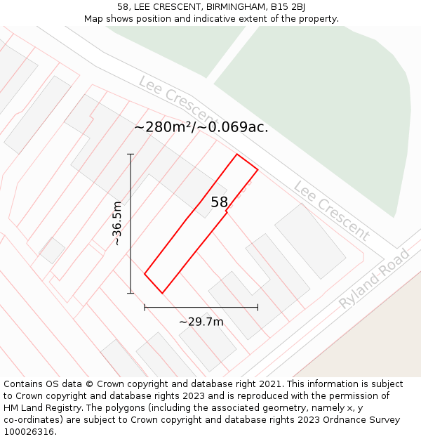 58, LEE CRESCENT, BIRMINGHAM, B15 2BJ: Plot and title map