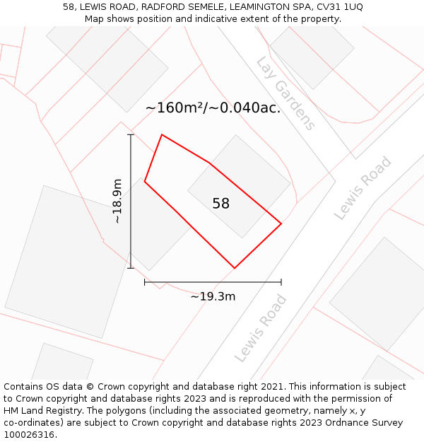 58, LEWIS ROAD, RADFORD SEMELE, LEAMINGTON SPA, CV31 1UQ: Plot and title map