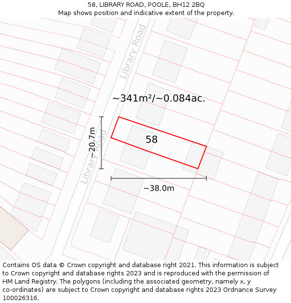 58, LIBRARY ROAD, POOLE, BH12 2BQ: Plot and title map