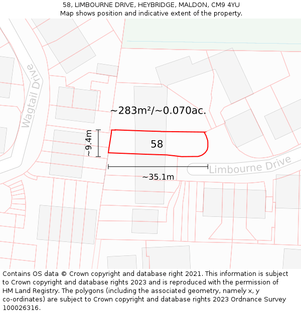 58, LIMBOURNE DRIVE, HEYBRIDGE, MALDON, CM9 4YU: Plot and title map