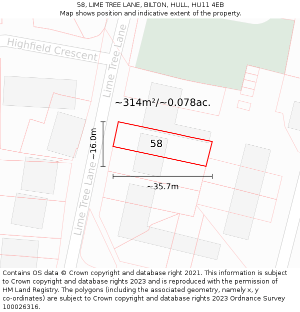 58, LIME TREE LANE, BILTON, HULL, HU11 4EB: Plot and title map