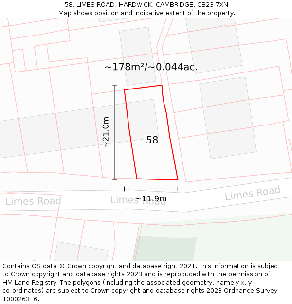 58, LIMES ROAD, HARDWICK, CAMBRIDGE, CB23 7XN: Plot and title map
