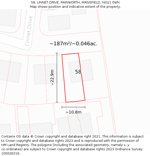 58, LINNET DRIVE, RAINWORTH, MANSFIELD, NG21 0WN: Plot and title map