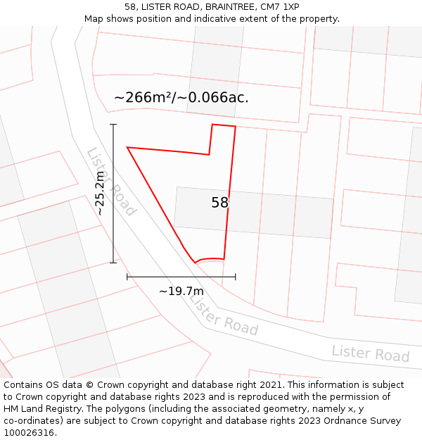 58, LISTER ROAD, BRAINTREE, CM7 1XP: Plot and title map