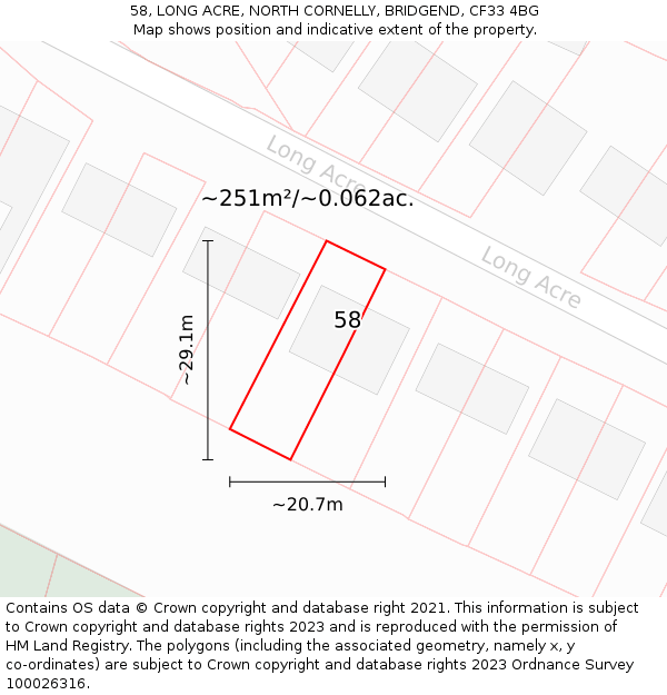 58, LONG ACRE, NORTH CORNELLY, BRIDGEND, CF33 4BG: Plot and title map