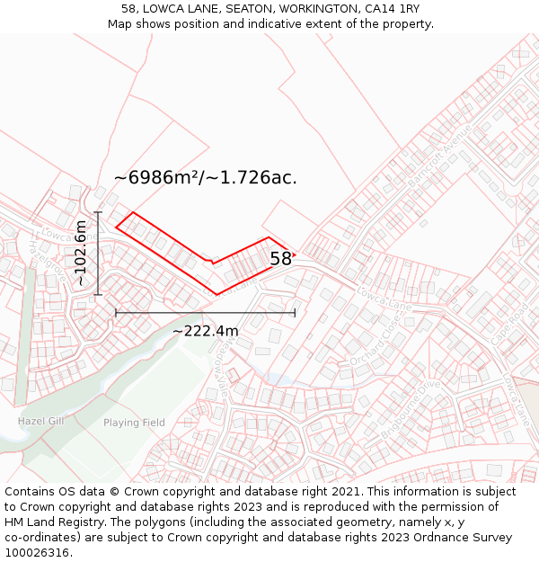58, LOWCA LANE, SEATON, WORKINGTON, CA14 1RY: Plot and title map