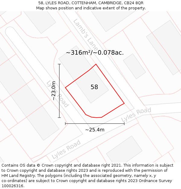 58, LYLES ROAD, COTTENHAM, CAMBRIDGE, CB24 8QR: Plot and title map