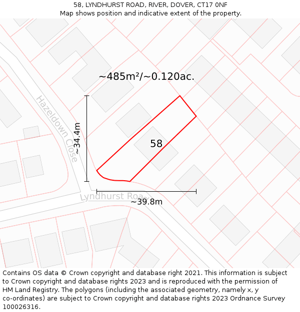 58, LYNDHURST ROAD, RIVER, DOVER, CT17 0NF: Plot and title map