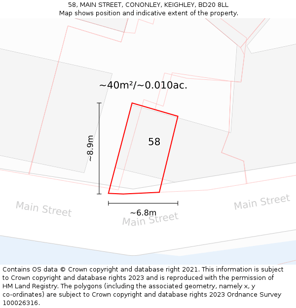 58, MAIN STREET, CONONLEY, KEIGHLEY, BD20 8LL: Plot and title map