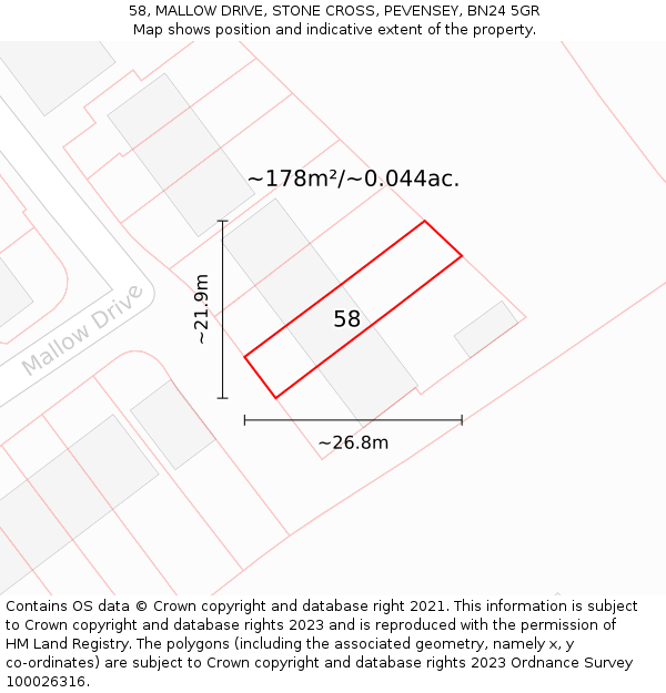 58, MALLOW DRIVE, STONE CROSS, PEVENSEY, BN24 5GR: Plot and title map