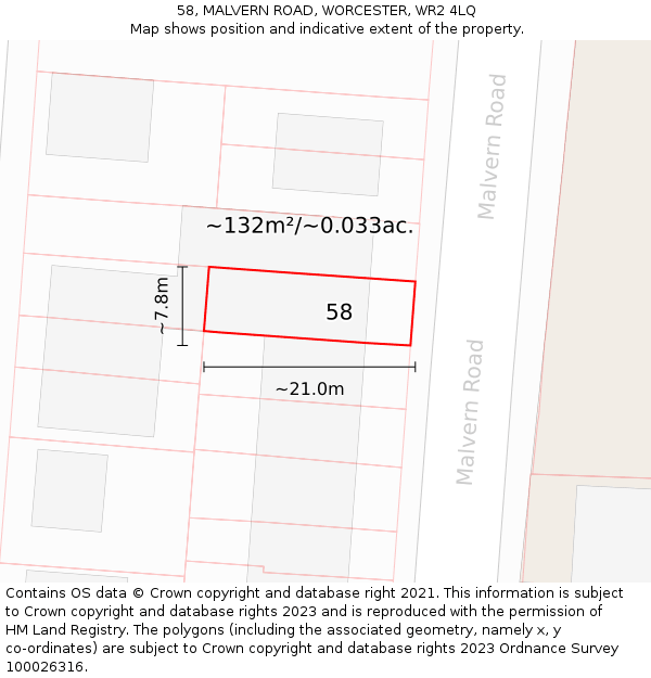 58, MALVERN ROAD, WORCESTER, WR2 4LQ: Plot and title map
