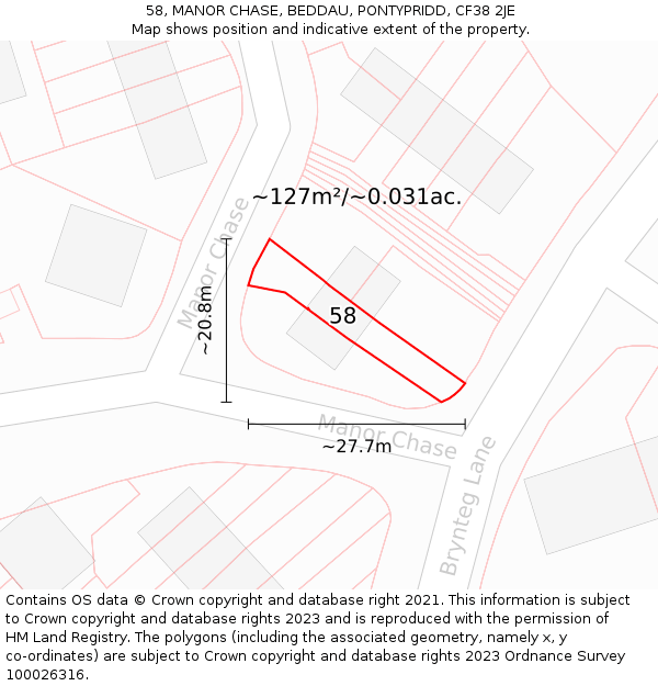 58, MANOR CHASE, BEDDAU, PONTYPRIDD, CF38 2JE: Plot and title map