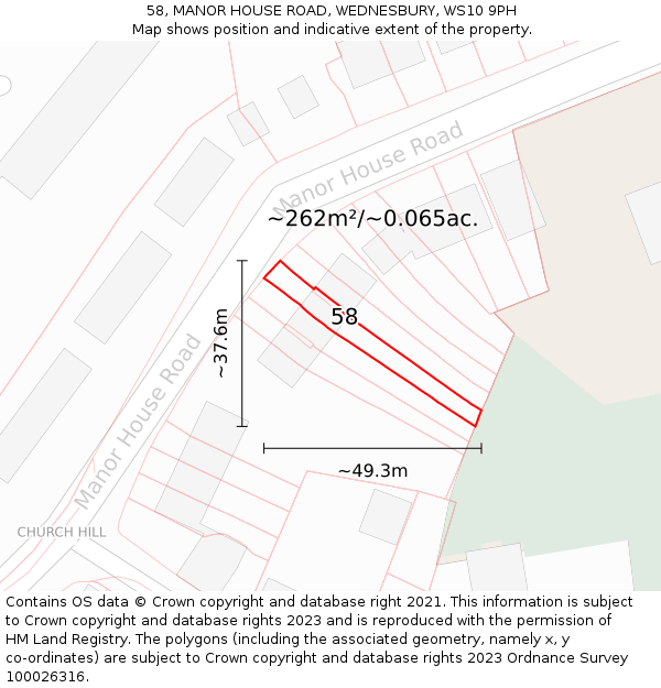 58, MANOR HOUSE ROAD, WEDNESBURY, WS10 9PH: Plot and title map
