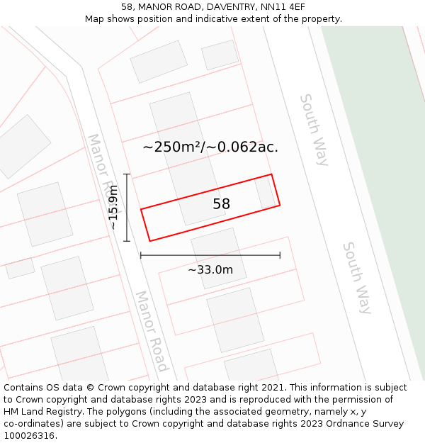 58, MANOR ROAD, DAVENTRY, NN11 4EF: Plot and title map
