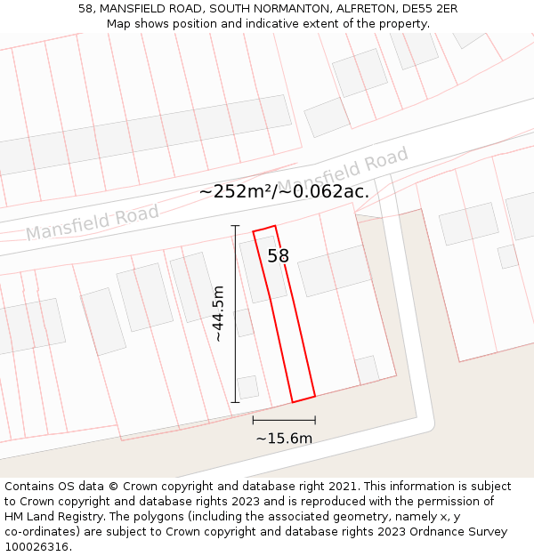 58, MANSFIELD ROAD, SOUTH NORMANTON, ALFRETON, DE55 2ER: Plot and title map