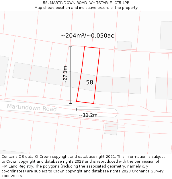 58, MARTINDOWN ROAD, WHITSTABLE, CT5 4PR: Plot and title map