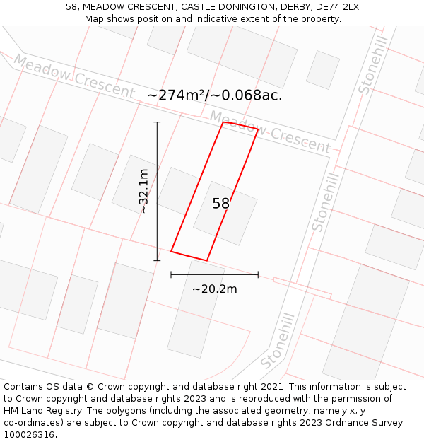 58, MEADOW CRESCENT, CASTLE DONINGTON, DERBY, DE74 2LX: Plot and title map