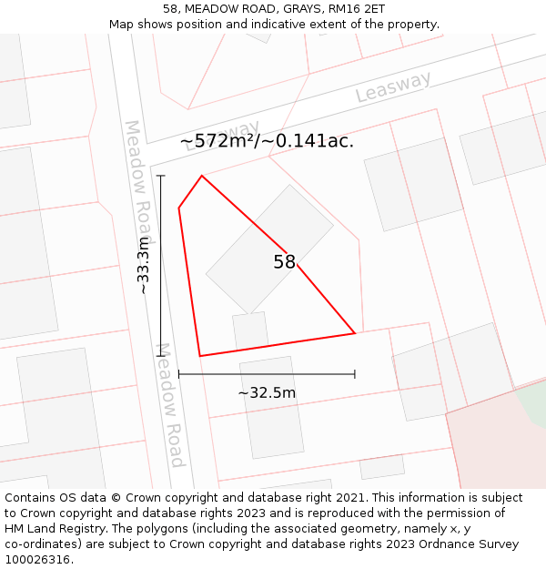58, MEADOW ROAD, GRAYS, RM16 2ET: Plot and title map