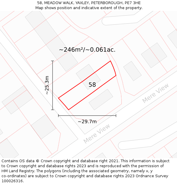 58, MEADOW WALK, YAXLEY, PETERBOROUGH, PE7 3HE: Plot and title map