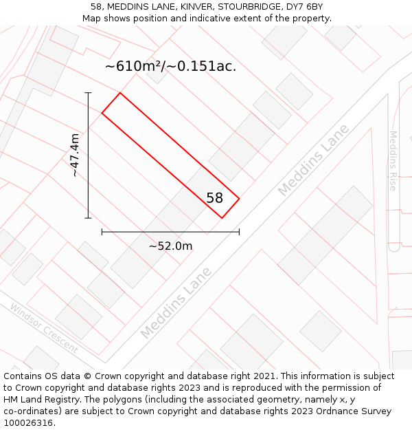 58, MEDDINS LANE, KINVER, STOURBRIDGE, DY7 6BY: Plot and title map