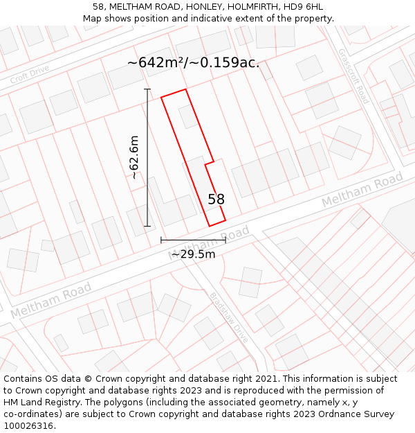 58, MELTHAM ROAD, HONLEY, HOLMFIRTH, HD9 6HL: Plot and title map