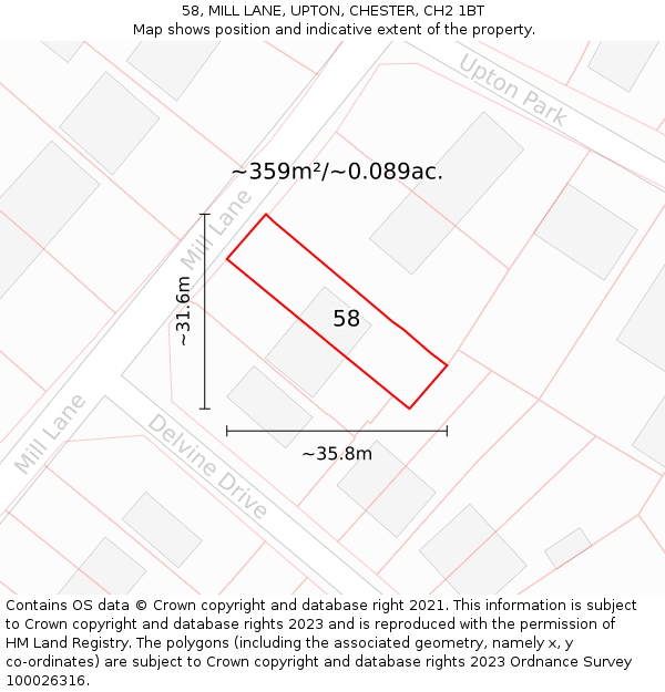 58, MILL LANE, UPTON, CHESTER, CH2 1BT: Plot and title map