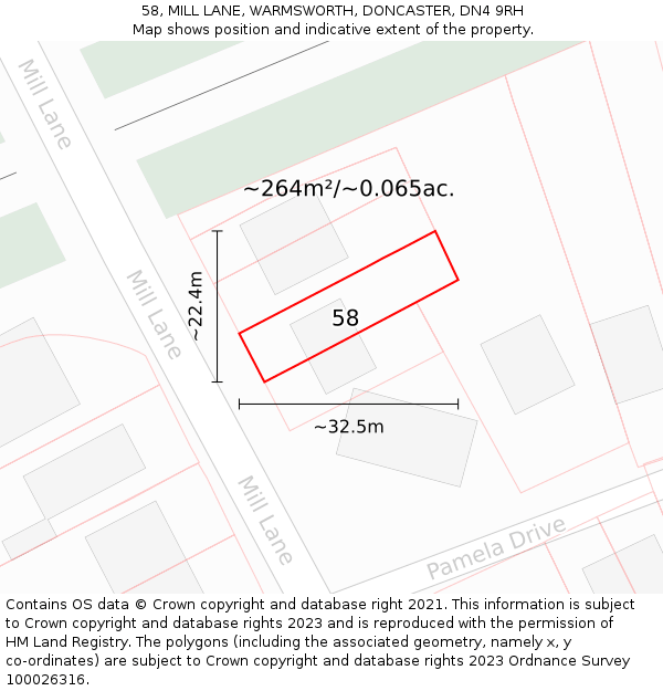 58, MILL LANE, WARMSWORTH, DONCASTER, DN4 9RH: Plot and title map