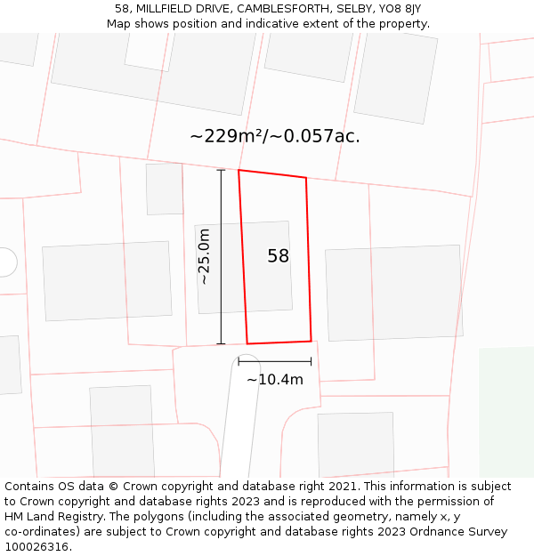 58, MILLFIELD DRIVE, CAMBLESFORTH, SELBY, YO8 8JY: Plot and title map