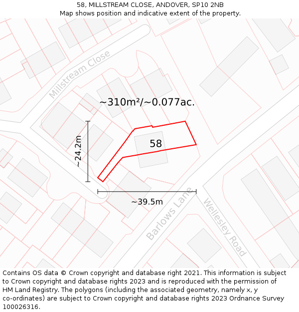 58, MILLSTREAM CLOSE, ANDOVER, SP10 2NB: Plot and title map