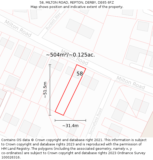 58, MILTON ROAD, REPTON, DERBY, DE65 6FZ: Plot and title map