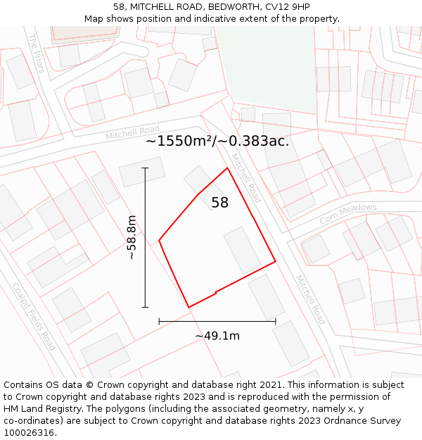 58, MITCHELL ROAD, BEDWORTH, CV12 9HP: Plot and title map