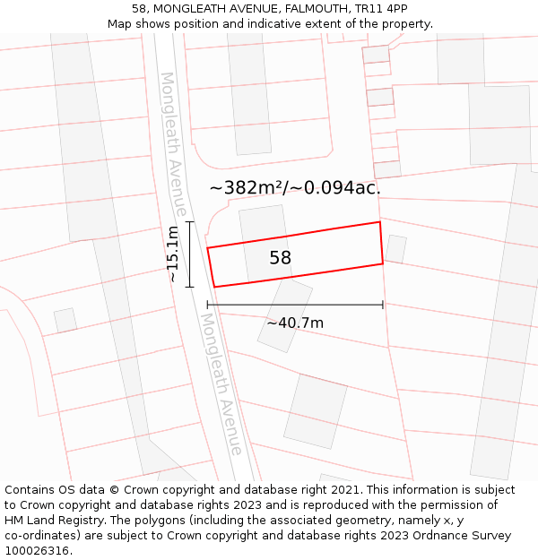 58, MONGLEATH AVENUE, FALMOUTH, TR11 4PP: Plot and title map