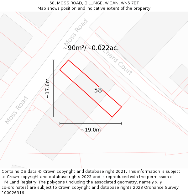58, MOSS ROAD, BILLINGE, WIGAN, WN5 7BT: Plot and title map
