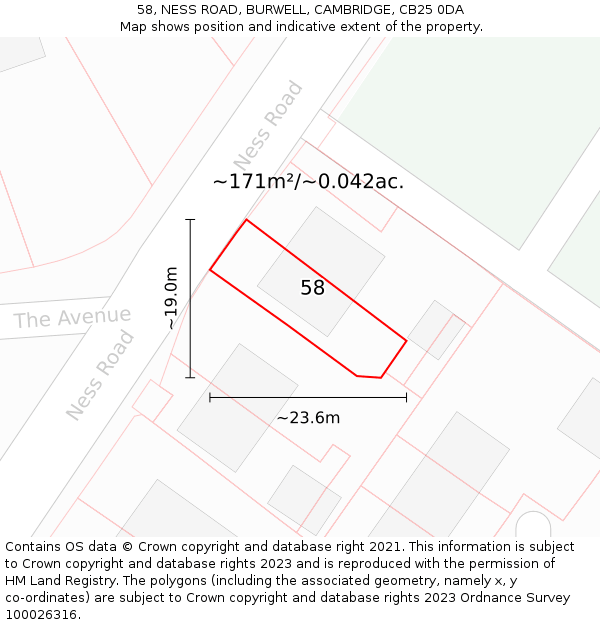 58, NESS ROAD, BURWELL, CAMBRIDGE, CB25 0DA: Plot and title map