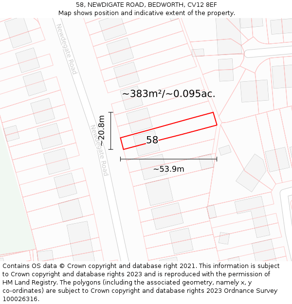 58, NEWDIGATE ROAD, BEDWORTH, CV12 8EF: Plot and title map