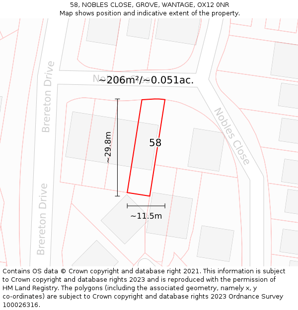 58, NOBLES CLOSE, GROVE, WANTAGE, OX12 0NR: Plot and title map