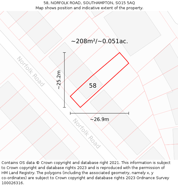 58, NORFOLK ROAD, SOUTHAMPTON, SO15 5AQ: Plot and title map