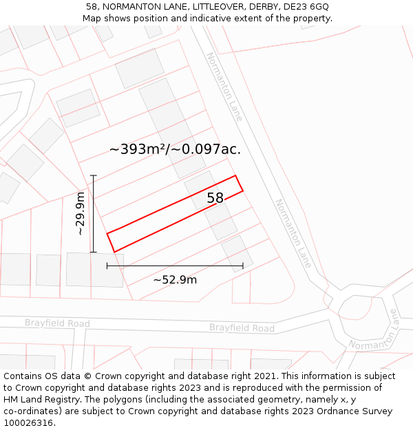 58, NORMANTON LANE, LITTLEOVER, DERBY, DE23 6GQ: Plot and title map
