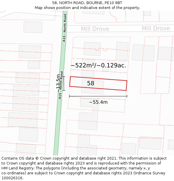 58, NORTH ROAD, BOURNE, PE10 9BT: Plot and title map