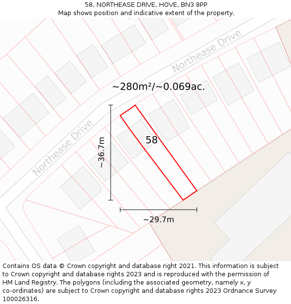 58, NORTHEASE DRIVE, HOVE, BN3 8PP: Plot and title map