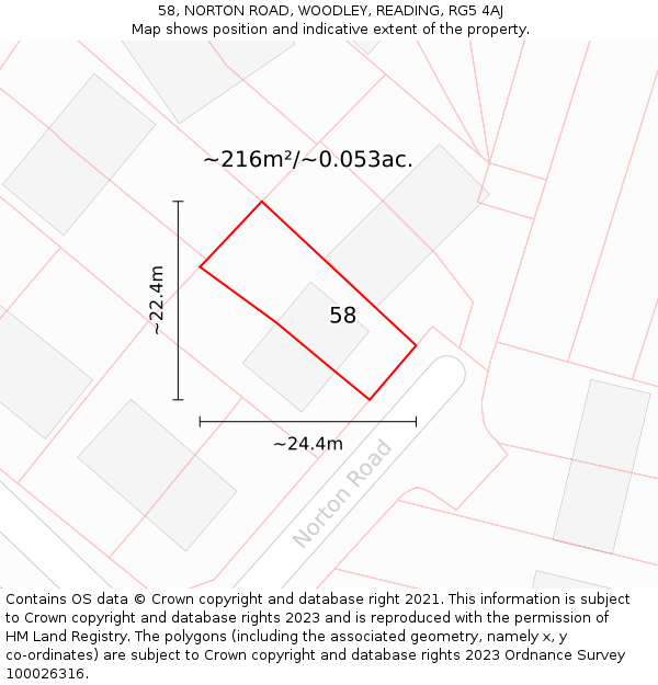 58, NORTON ROAD, WOODLEY, READING, RG5 4AJ: Plot and title map
