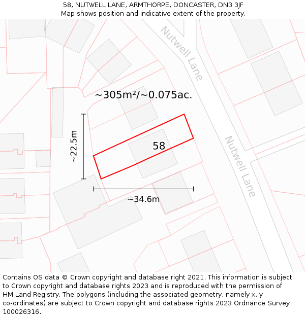58, NUTWELL LANE, ARMTHORPE, DONCASTER, DN3 3JF: Plot and title map