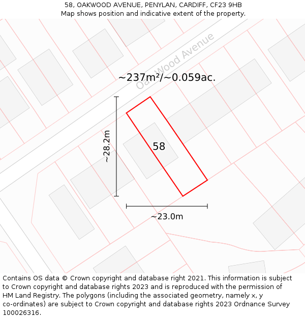 58, OAKWOOD AVENUE, PENYLAN, CARDIFF, CF23 9HB: Plot and title map