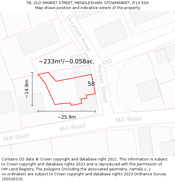 58, OLD MARKET STREET, MENDLESHAM, STOWMARKET, IP14 5SA: Plot and title map
