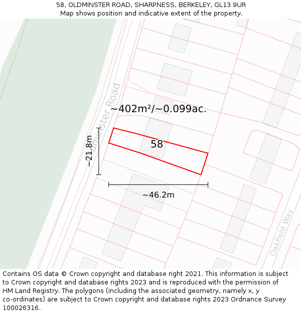 58, OLDMINSTER ROAD, SHARPNESS, BERKELEY, GL13 9UR: Plot and title map