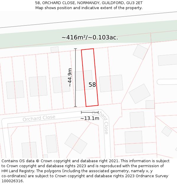 58, ORCHARD CLOSE, NORMANDY, GUILDFORD, GU3 2ET: Plot and title map