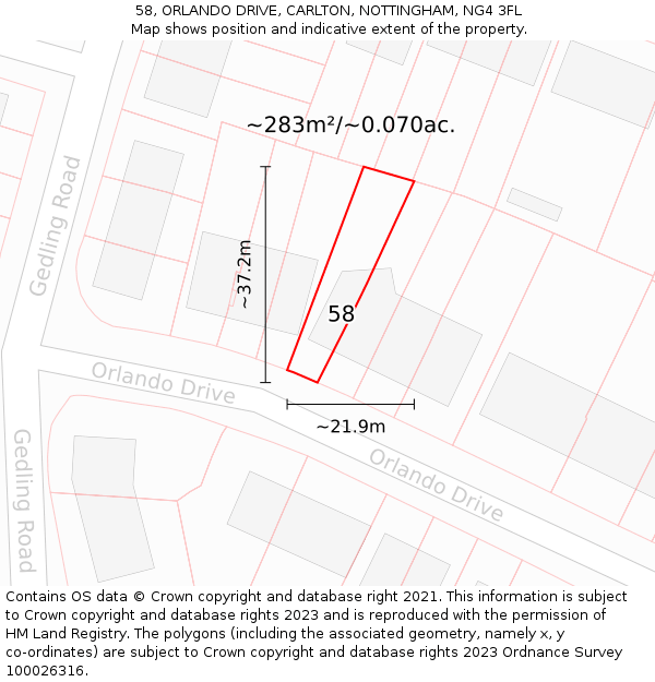 58, ORLANDO DRIVE, CARLTON, NOTTINGHAM, NG4 3FL: Plot and title map