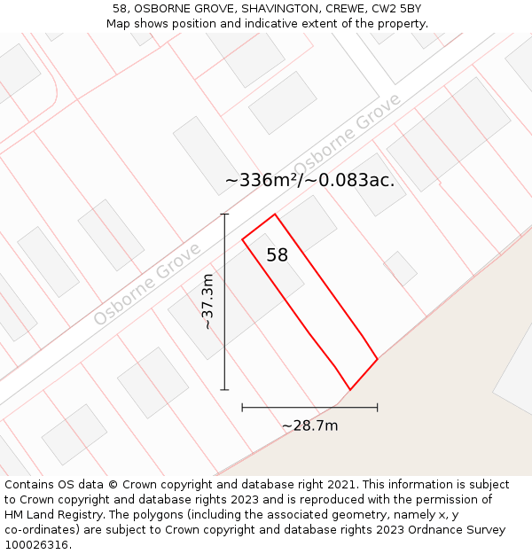 58, OSBORNE GROVE, SHAVINGTON, CREWE, CW2 5BY: Plot and title map