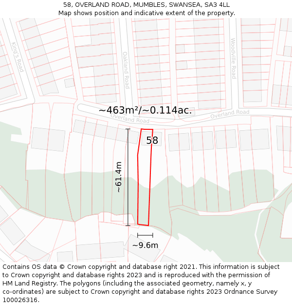 58, OVERLAND ROAD, MUMBLES, SWANSEA, SA3 4LL: Plot and title map